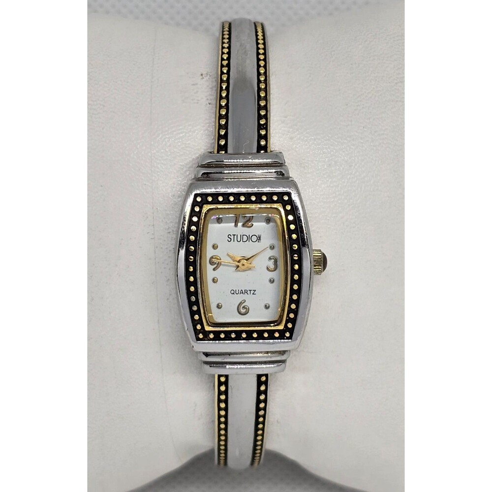 Women's Studio Time White Dial Silver Gold Tone Case Cuff Bracelet Watch 04